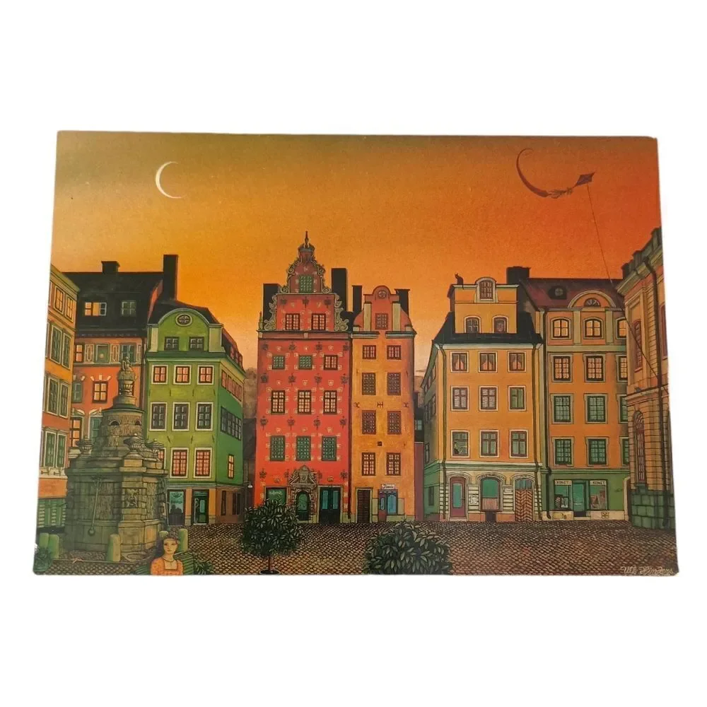 Marketplace Old Town Stockholm‎ Sweden Postcard 1978 Vintage Artist Rendering
